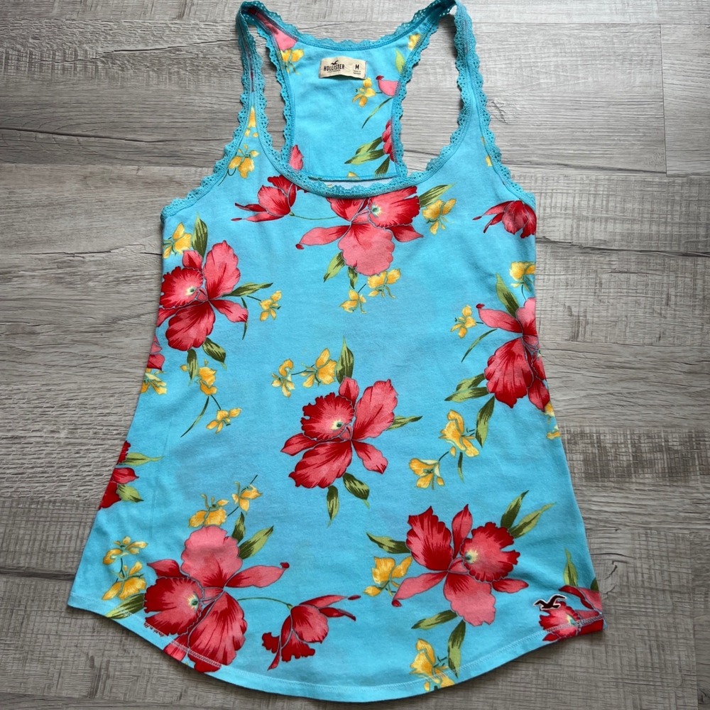 VGT Hollister Women Y2K Blue Tropical Floral Lace Trim Racerback Tank Top Medium